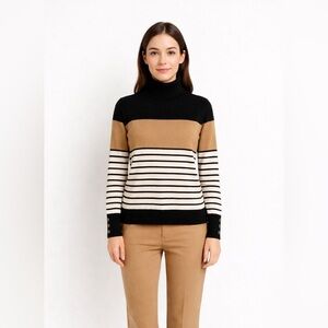 NEW Tommy Hilfiger Black Tan White Turtleneck Striped Sweater Gold Button Detail